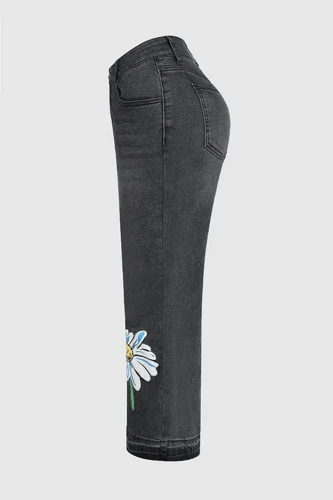 Floral Pattern Crop Mid Rise Wide Leg Jeans Without Belt