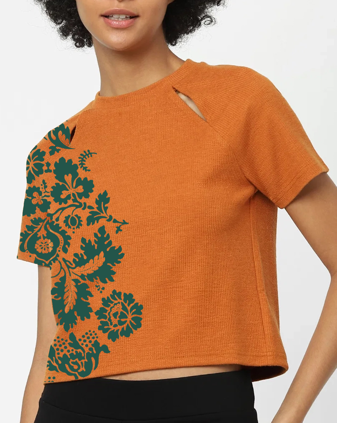 Orange Cut Out Floral Print Short Sleeve Cropped T-shirt