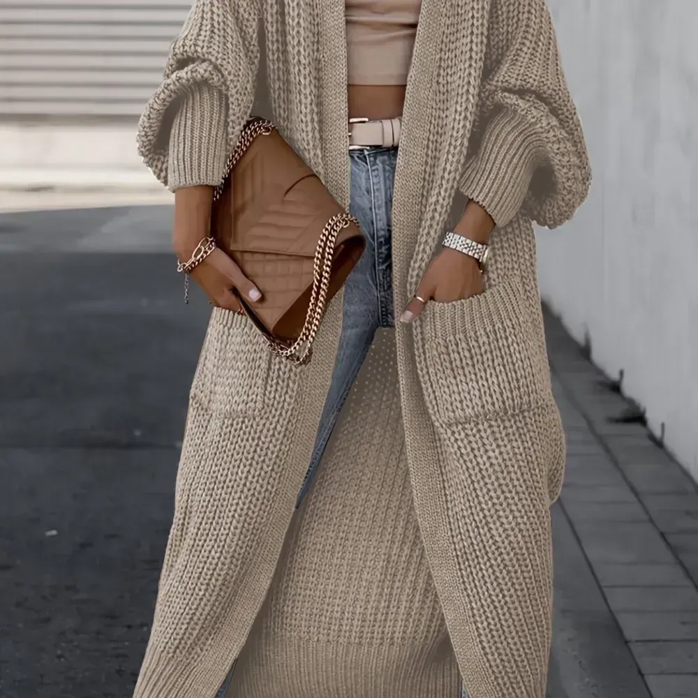 Solid Open Front Pocket Cardigan, Casual Long Sleeve Long Length Sweater For Fall & Winter, Women's Clothing