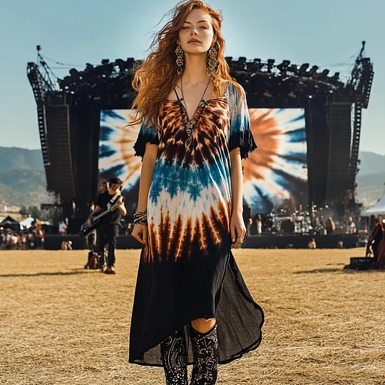 Coachella Music Festival Rock Rave Party Tie-dye Pattern Cotton And Linen Dress