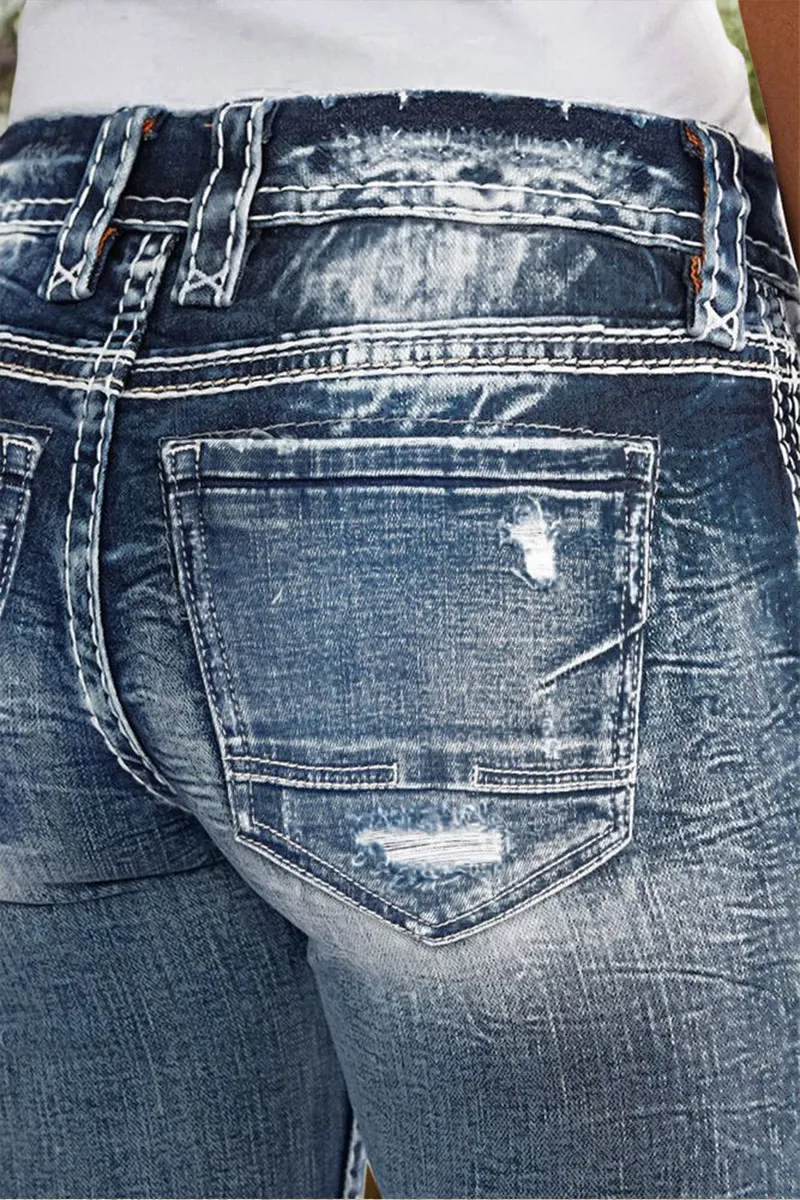 Wash Stretchy Ripped Detail Mid Waist Flare Jeans