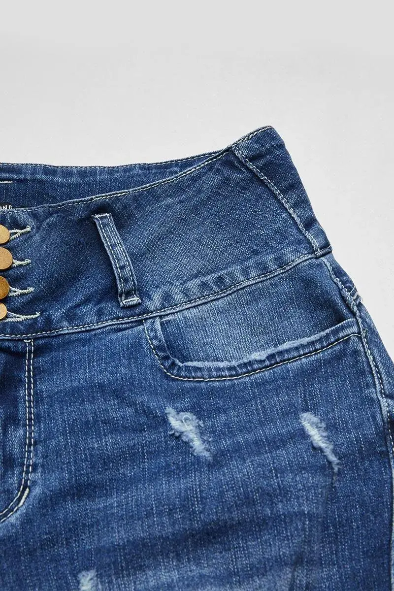 Button Fly Ripped Wash Stretchy High Waist Capri Jeans