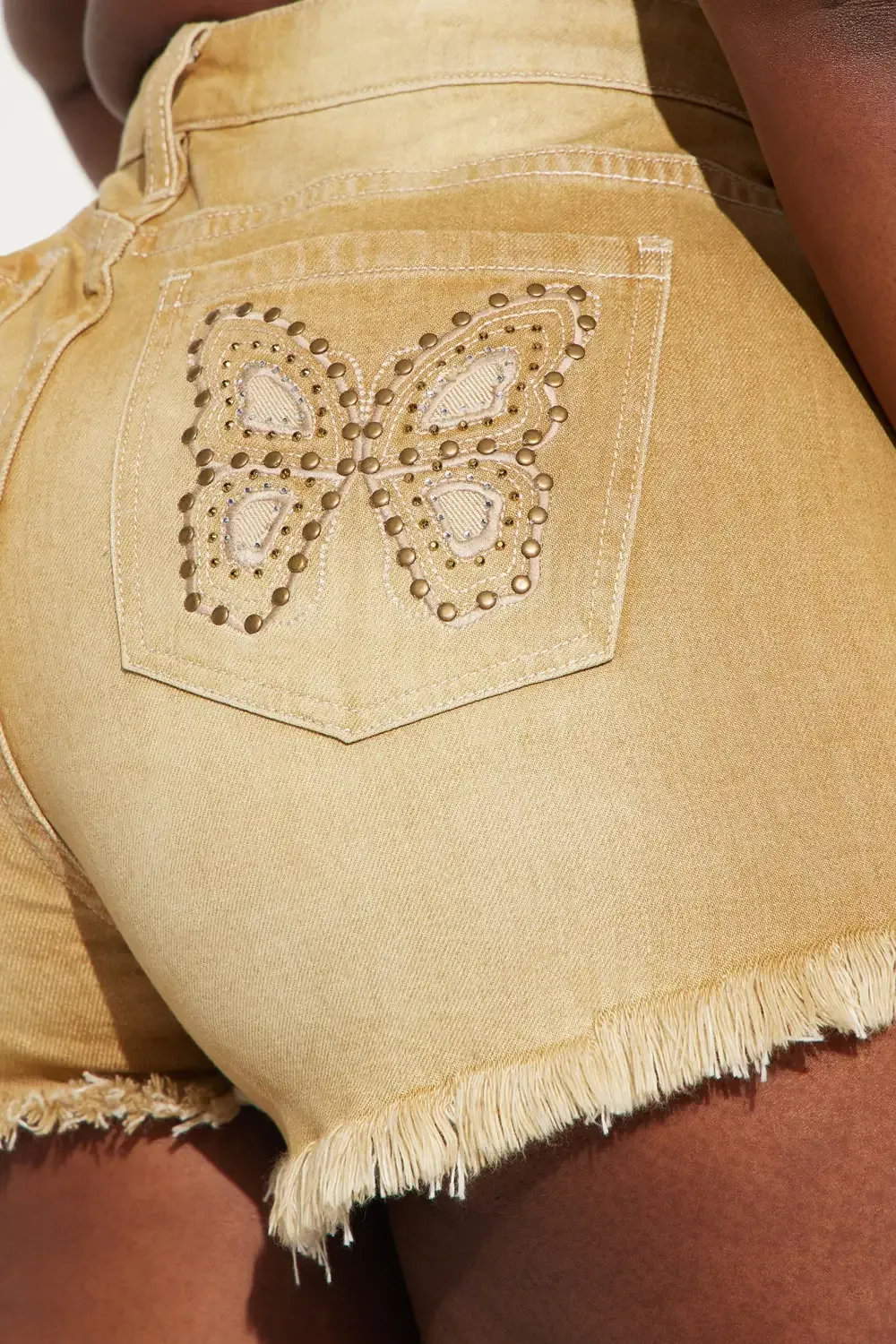 So Fly Y2K Butterfly Denim Shorts - Tan