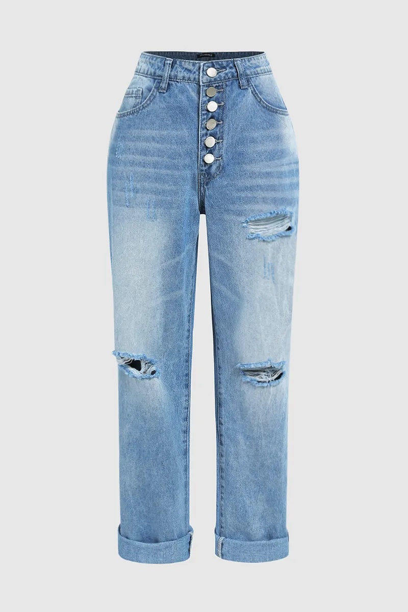 Wash Ripped Button Fly Low Waist Straight Leg Jeans