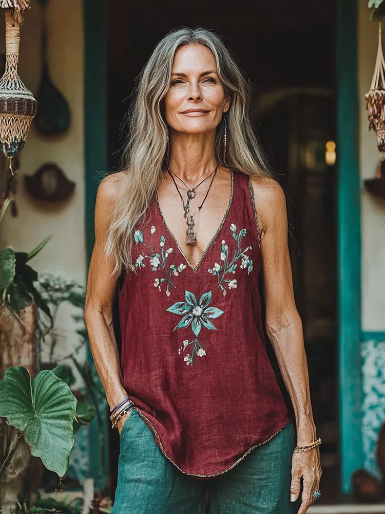 Women's Retro Loose Gradient Bohemia Ethnic Style Linen V-neek Sleeveless Top