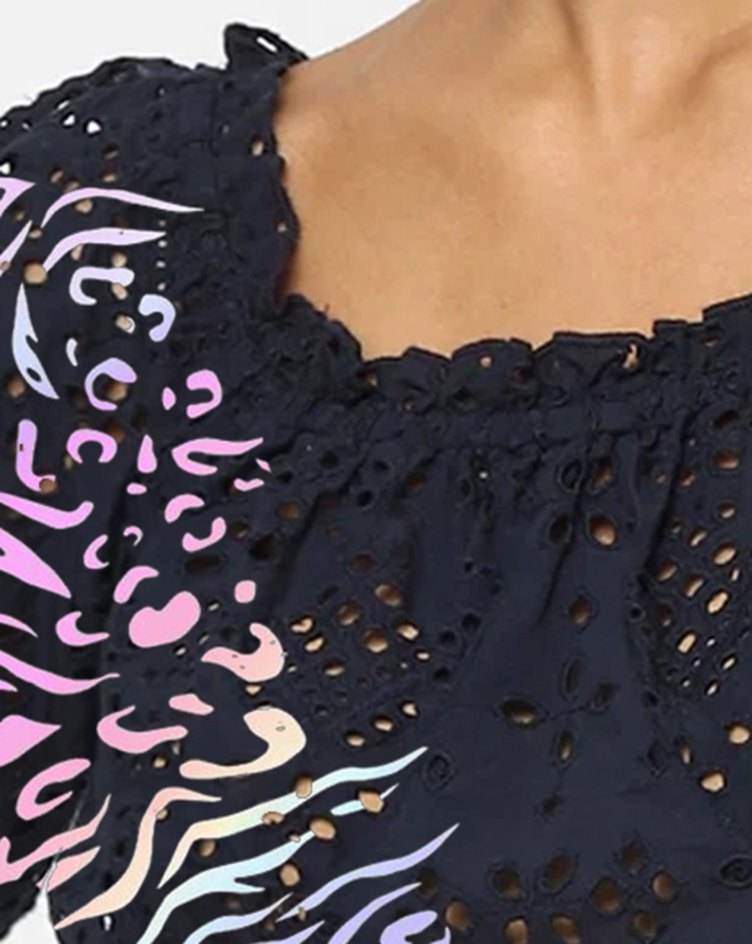 Navy Blue Zebra Print Eyelet Short Sleeve Cropped Top