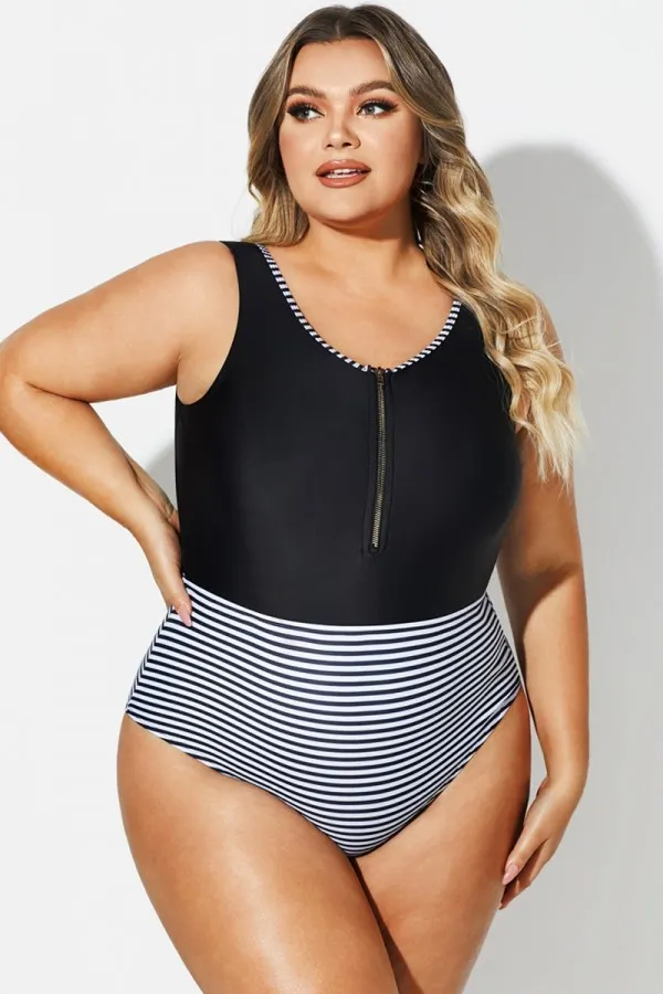 Black & White Striped Front Zip One Piece Swimsuit