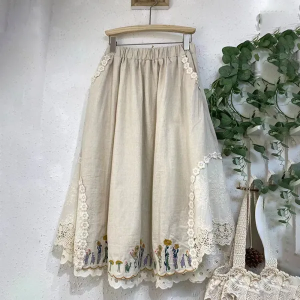 Women's Elegant Lace Flowers Embroidery Art Linen Blend Skirt