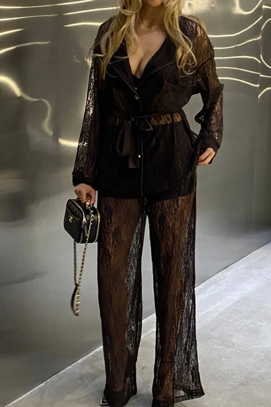 Women'S Fashion Leopard Lace Hollow Casual Top And Pants Two-Piece Set