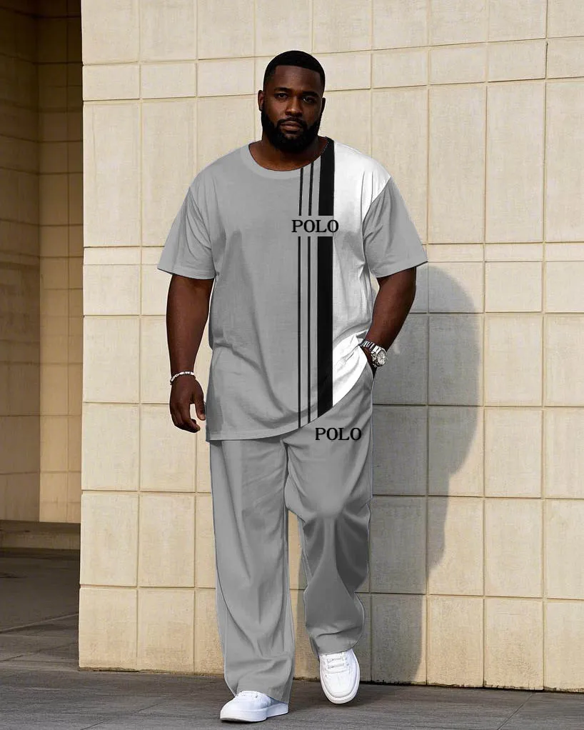 Men'S Big & Tall White & Grey Colorblock Short-Sleeved T-Shirt Trousers Set