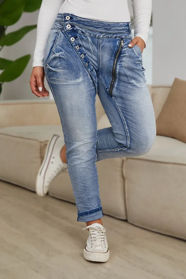 Button Up Roll Hem Low Rise Crop Jeans