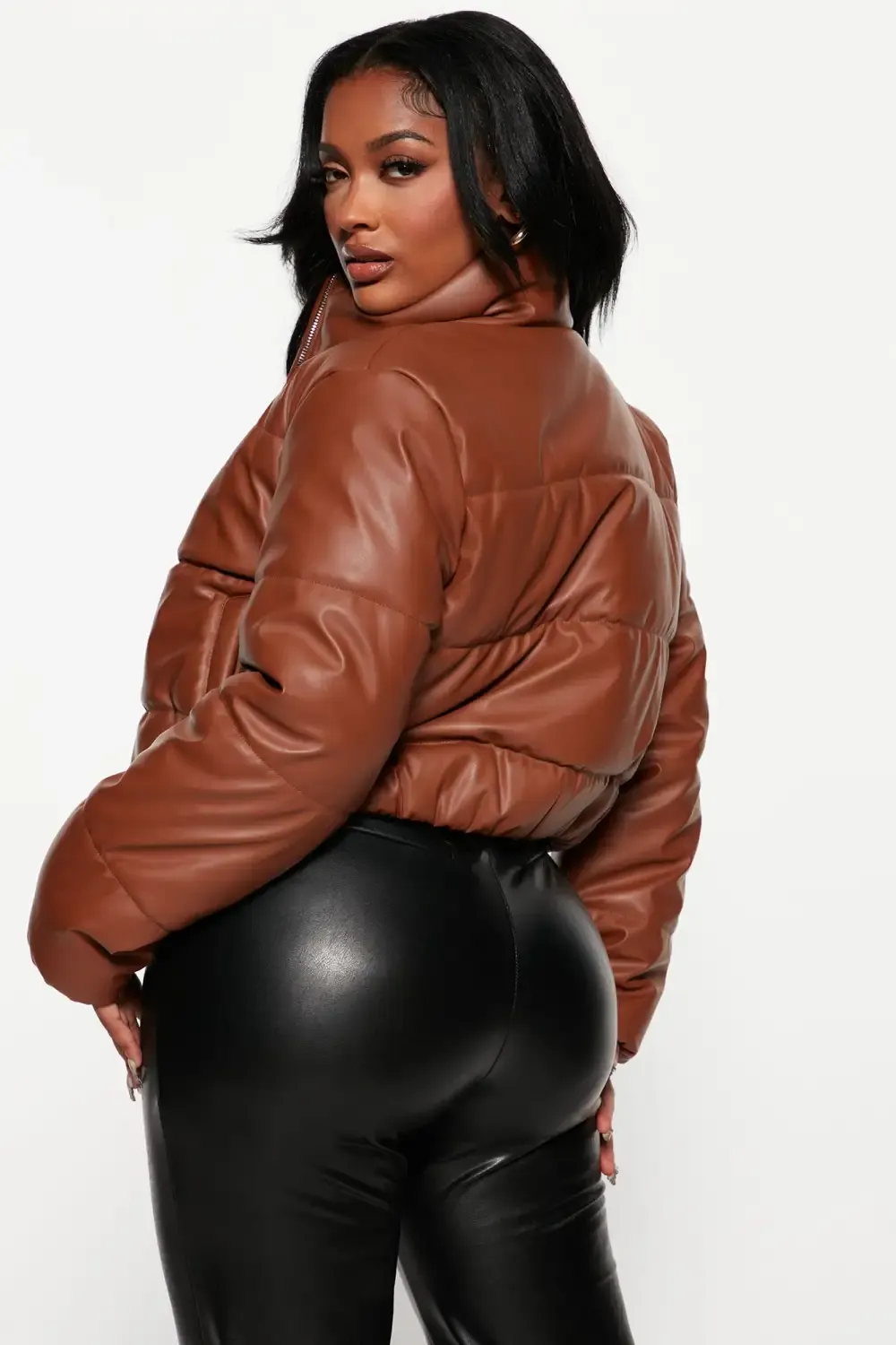 Vixen Faux Leather Puffer Jacket - Cognac