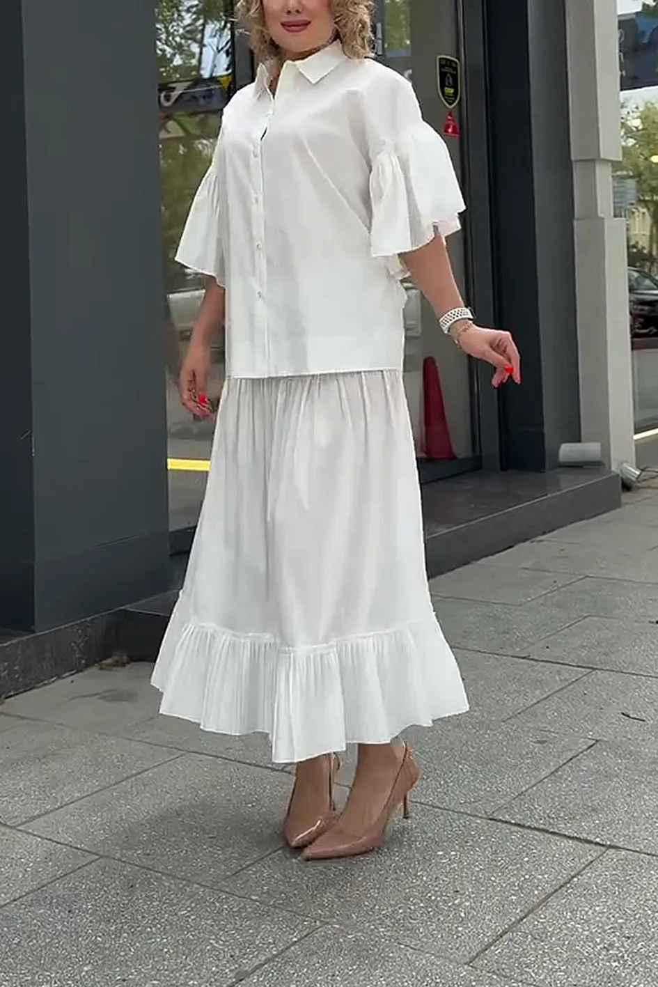 Women'S Solid Color Casual Top And Skirt 2-Piece Set