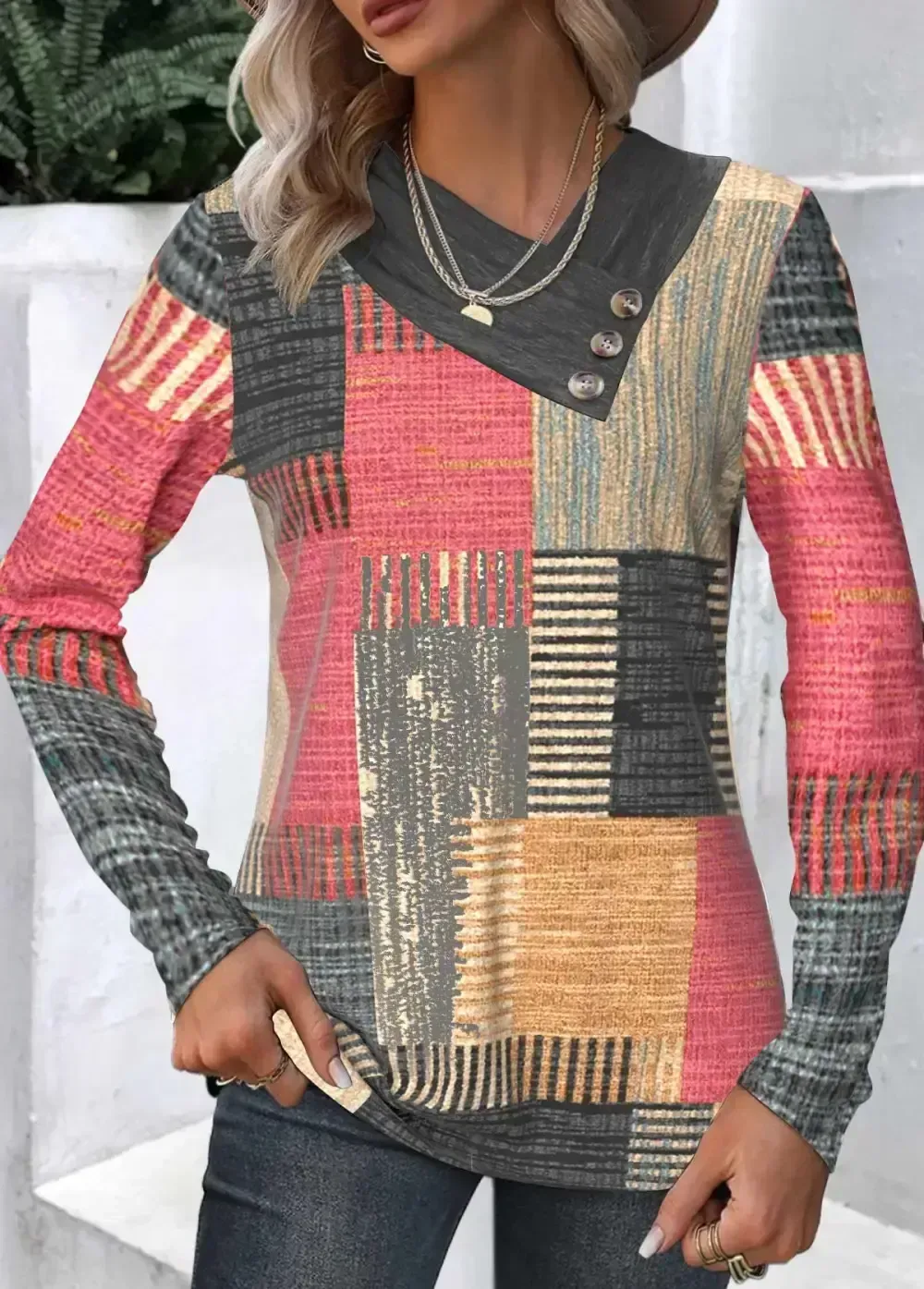 Multi Color Button Plaid Long Sleeve Asymmetrical Neck Sweatshirt