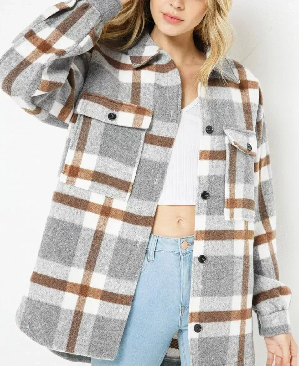 Womens Casual Plaid Shackets Brushed Flannel Button Down Shirt Jacket Coats with Side Pockets