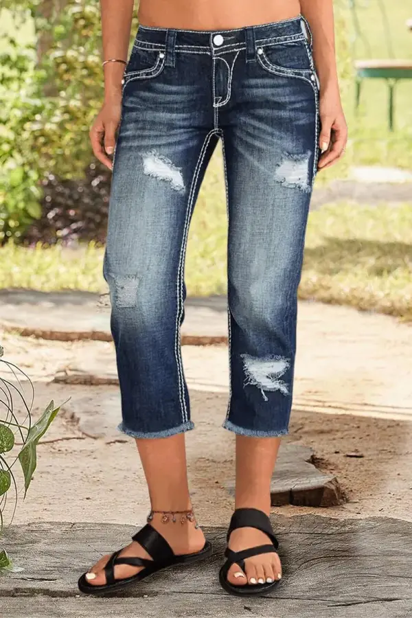 Ripped Raw Hem Wash High Stretch Low Waist Capri Jeans