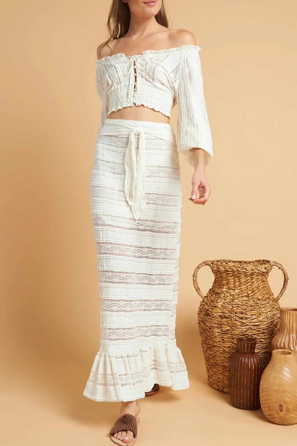 White Crochet Detail High Waisted Maxi Skirt