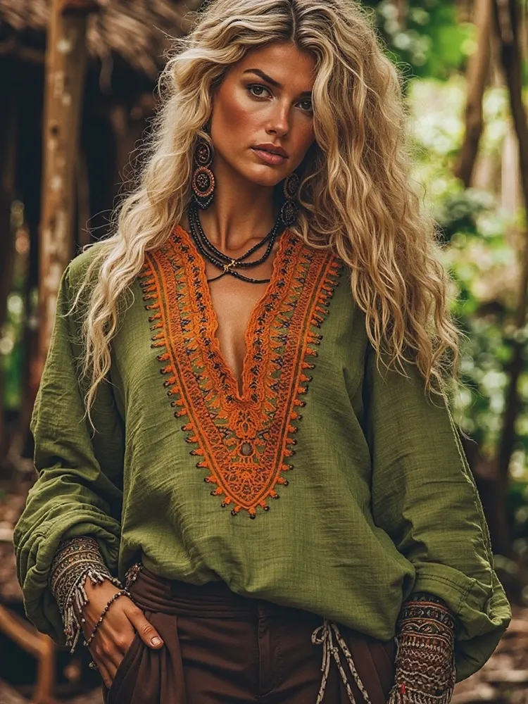 Vintage Embroidered V-neck Linen Blend Loose T-shirt