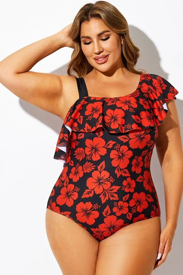 Red Floral Print Flounce Panel One Piece Swimsuit