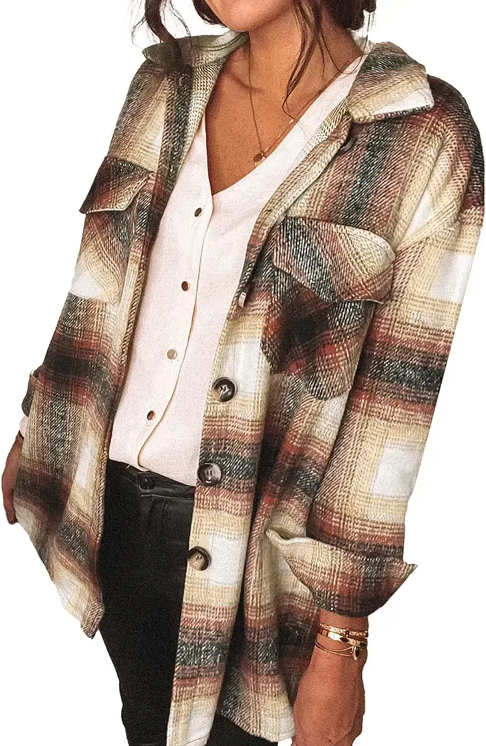 Women's 2023 Fall Clothes Plaid Shacket Jacket Long Sleeve Button Down Flannel Shirts Fashion Blouse