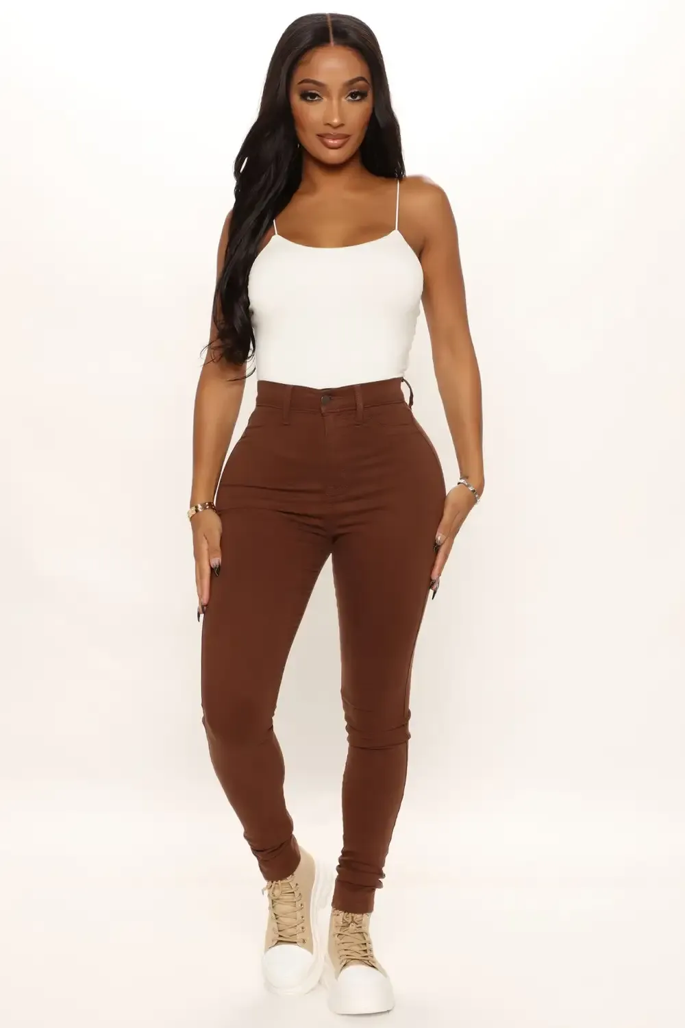 Classic High Waist Skinny Jeans - Chocolate