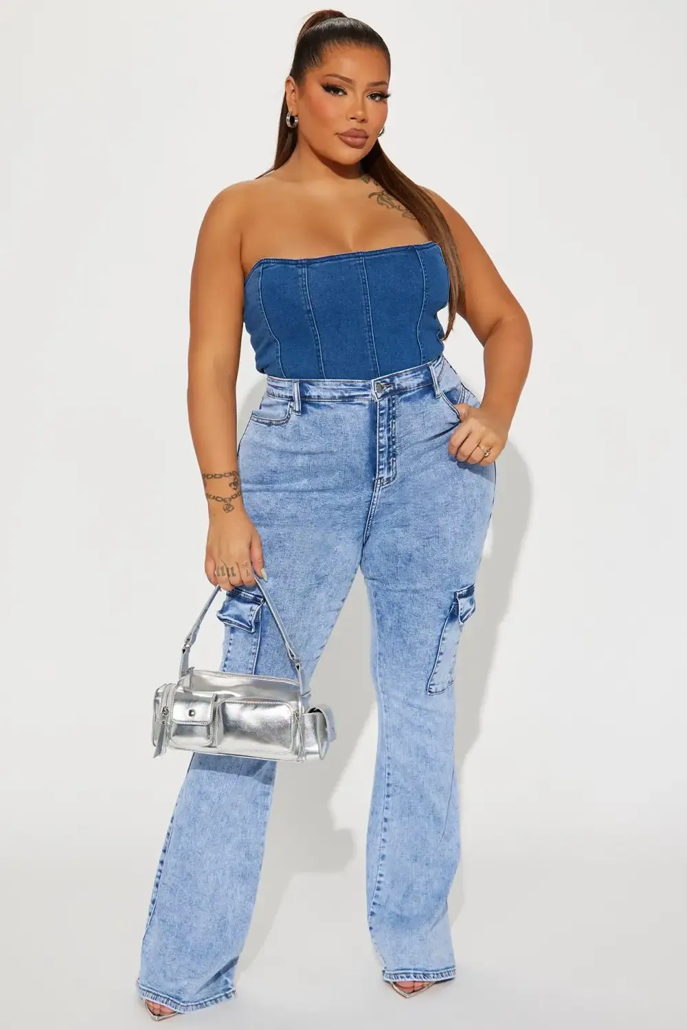 That A Girl Stretch Cargo Flare Jeans - Acid Wash Blue
