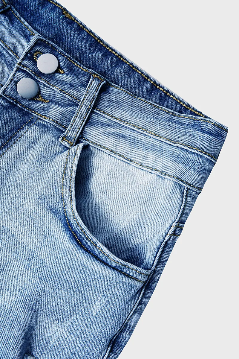 Wash Ripped Roll Hem High Rise Denim Shorts