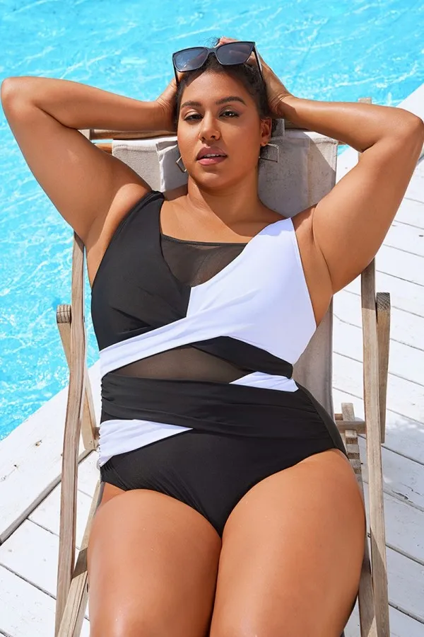 Black & White Sexy Cut Out Mesh One Piece Swimsuit