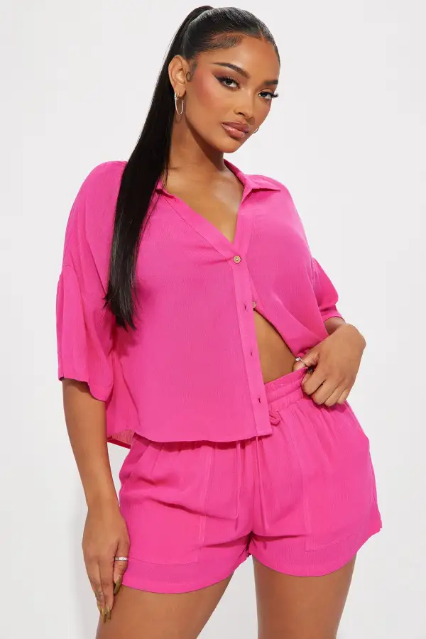 By The Coast Gauze Short Set - Hot Pink