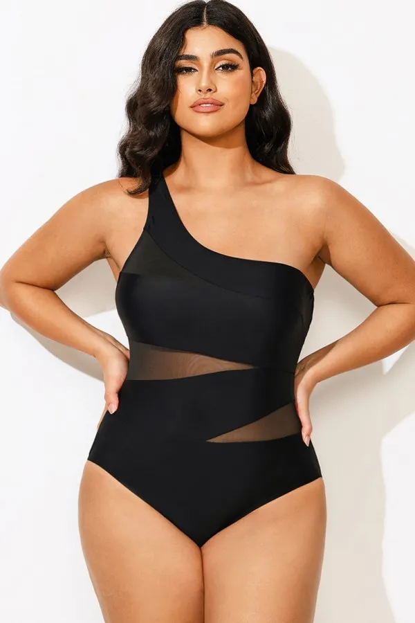 Black Mesh Sexy One Shoulder One Piece Swimsuit
