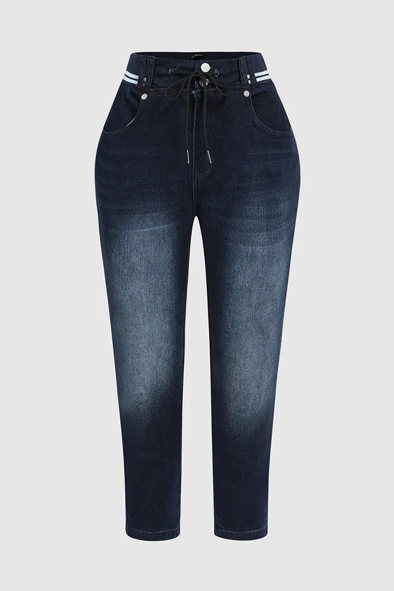 Wash Contrast Binding Double Button Drawstring Mid Waist Capri Jeans