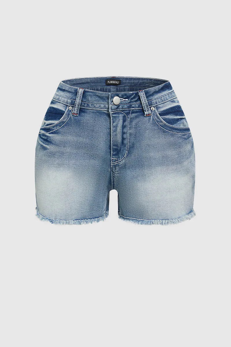 Ripped Embroidery Detail Raw Hem Mid Waist Denim Shorts