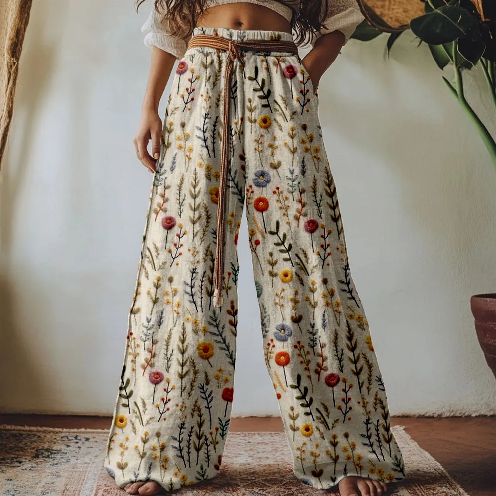 Vintage Boho Flowers Embroidered Linen Blend Casual Pants