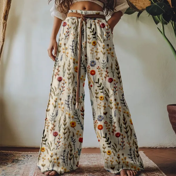 Vintage Boho Flowers Embroidered Linen Blend Casual Pants