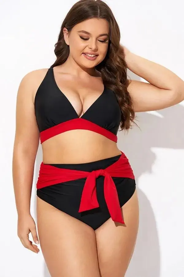 Black and Red V neck Bikini Top