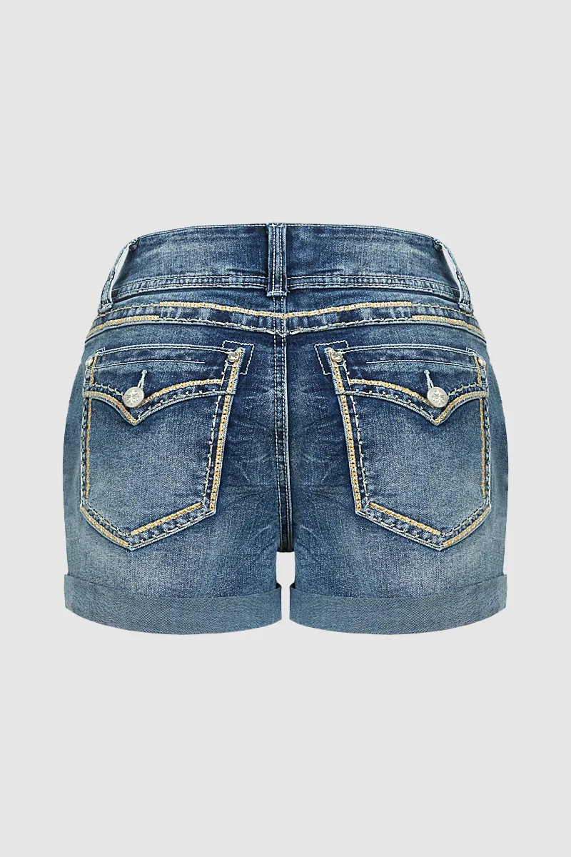 Roll Hem Double Button Mid Rise Denim Shorts