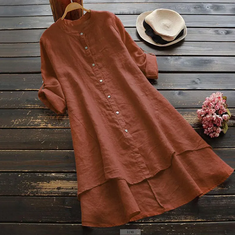 Vintage Button Cotton Linen Midi Dress