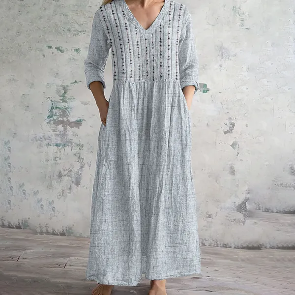 Vintage Embroidered Art Women's Linen Dress