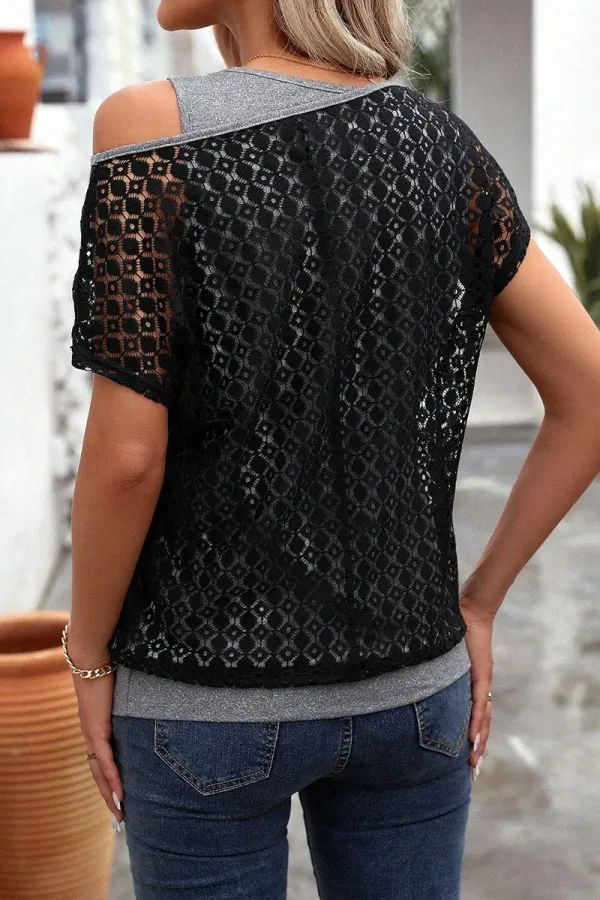 Contrast Lace Hollow Out Asymmetrical Neck 2 In 1 T-Shirt