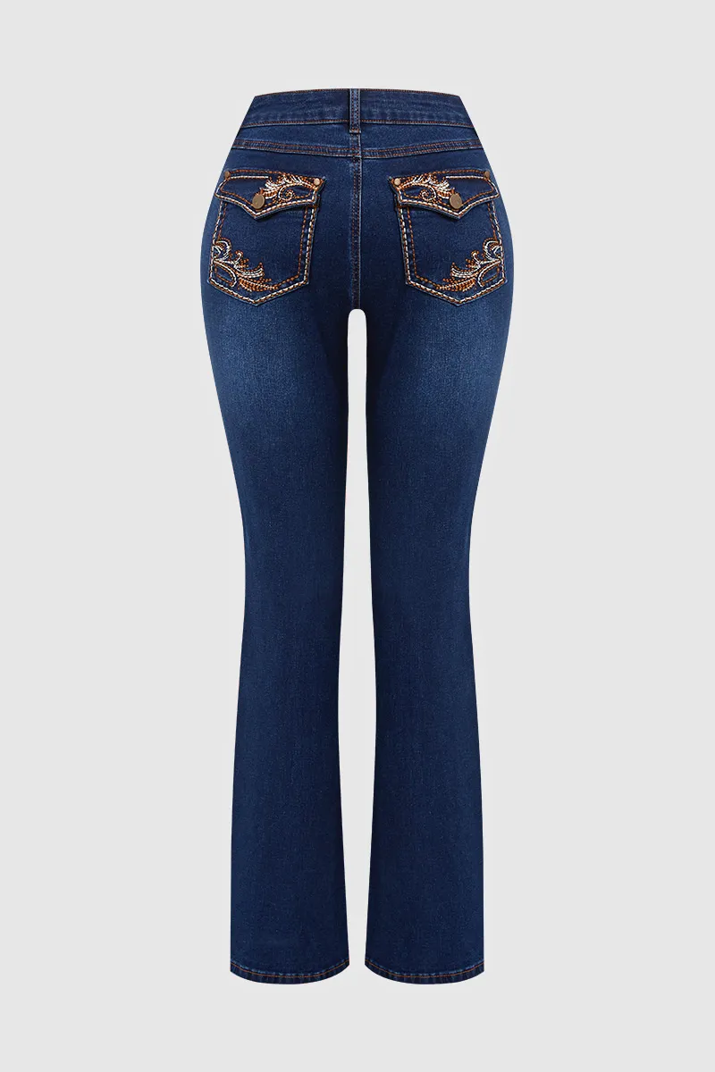 Wash Graphic Embroidery Flap Pocket Mid Rise Bootcut Jeans Without Belt