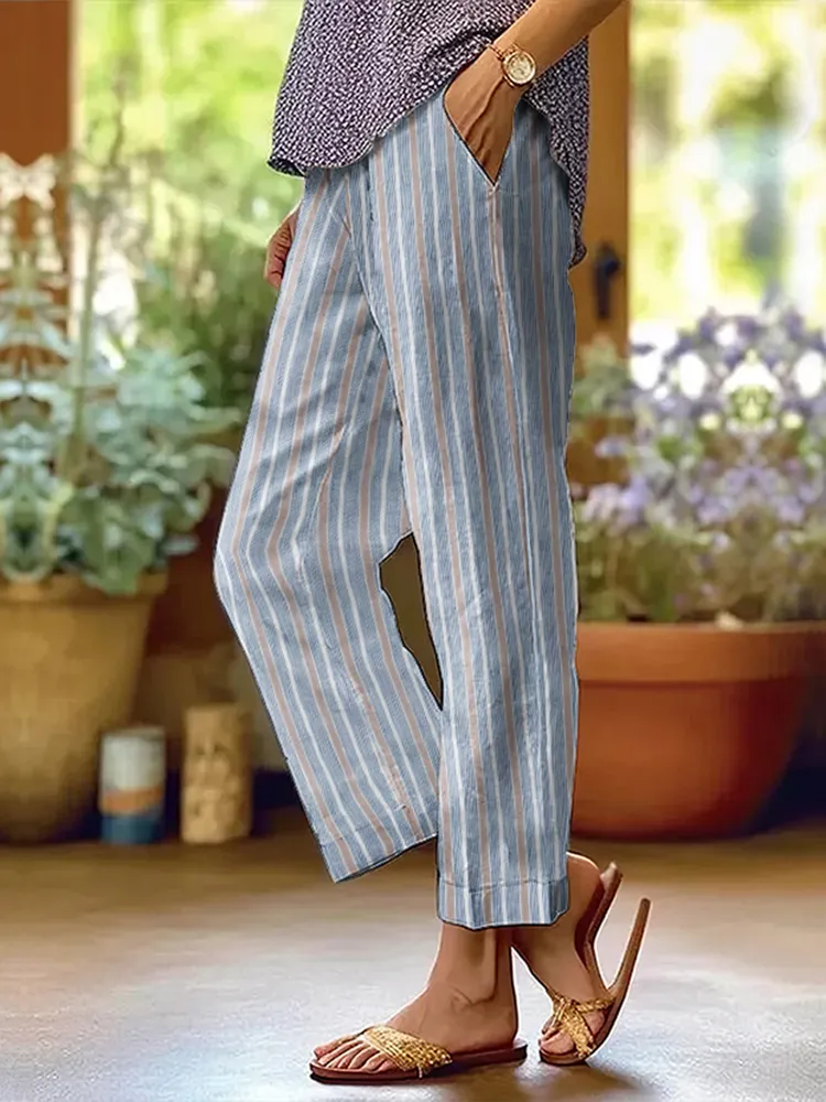 Women's Blue And White Overlay Stripe Linen Casual Pants