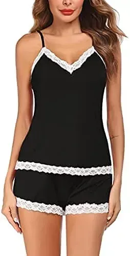 Women Cami Pajama Set Modal Sleepwear Lace Trim Short PJ Set with Shorts