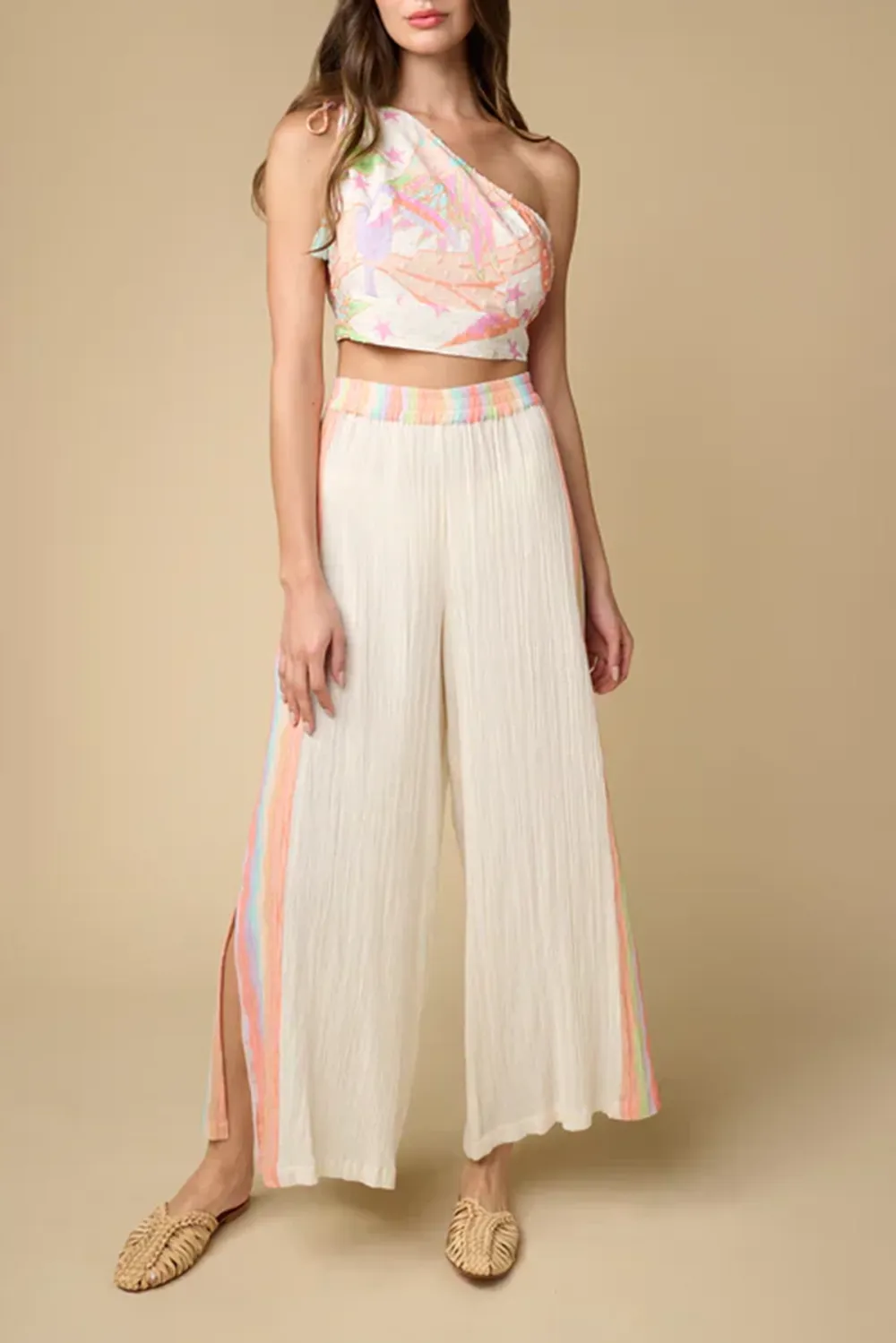White And Pastel colored One Shoulder Crop Top And Maxi Skirt Set