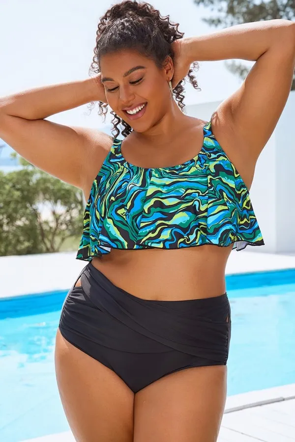 Black Abstract Print Scoop Neck Bikini Top