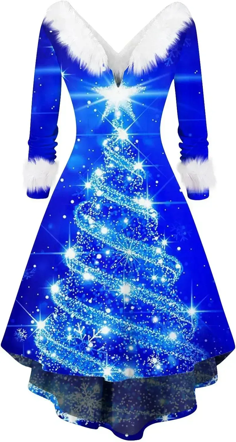Womens Christmas Dress Fuzzy Mrs Claus Christmas Holiday Xmas Cocktail Holiday Party Flare Dress