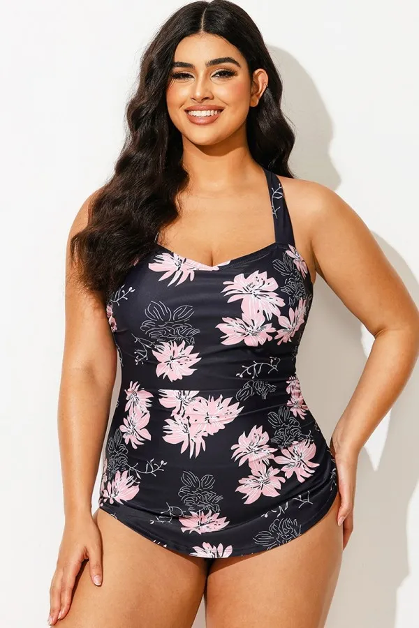 Floral Print H-Back Sarong Front One Piece Swimsuit