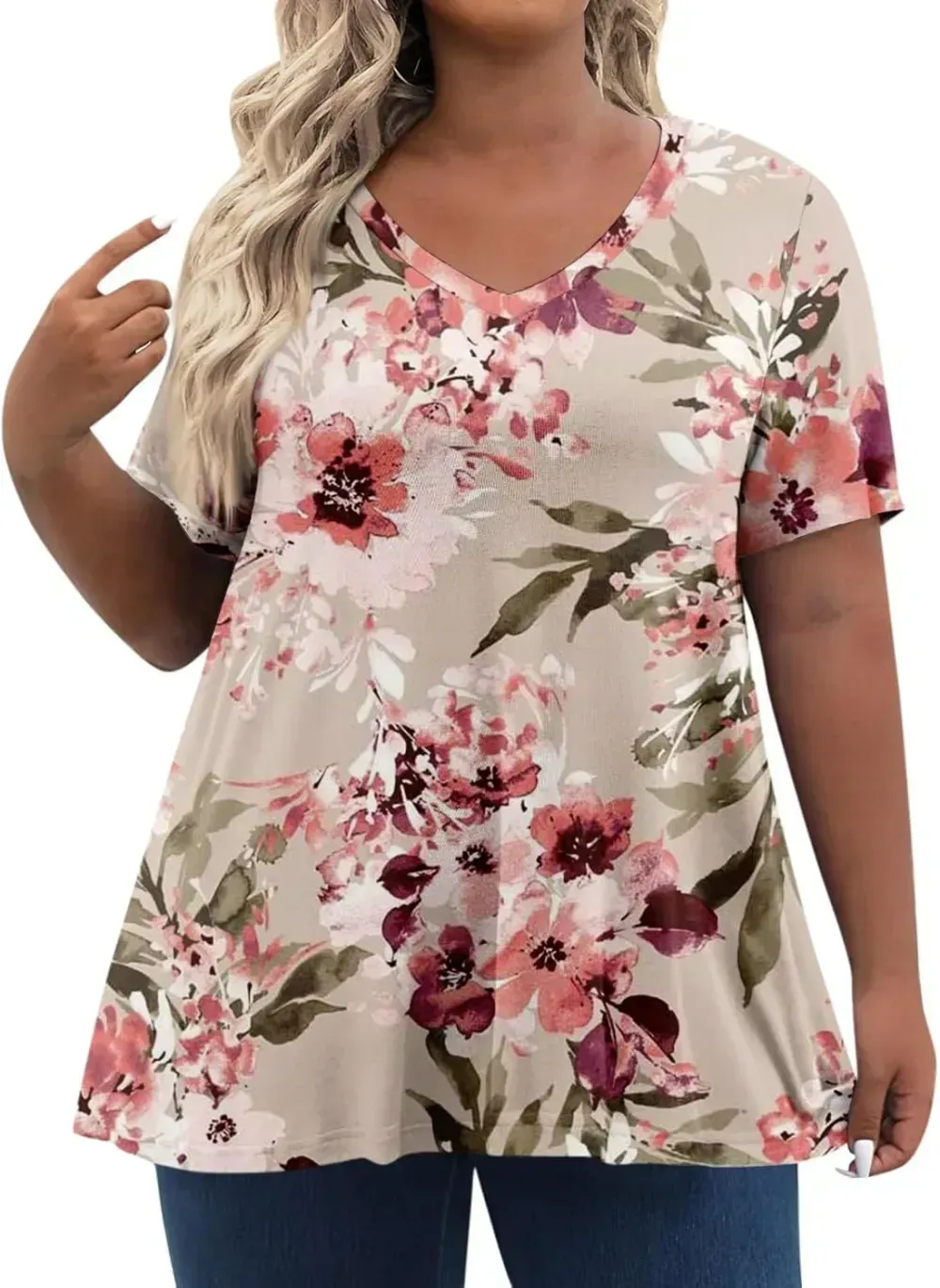 Plus Size Tops for Women Dressy Short Sleeve V Neck Shirts for Women Summer Tops for Women 2024 Floral Print Top