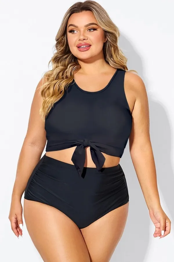 Plus Size Green Stripe Knotted Crop Bikini Top