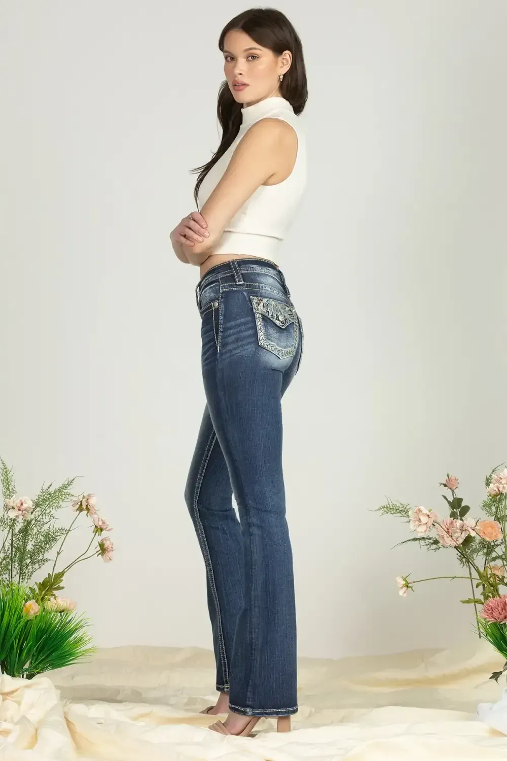 Turquoise Blue Feathers Bootcut Denim
