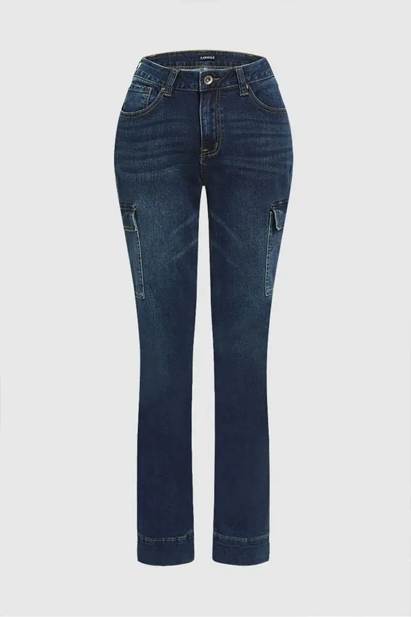 Wash Embroidery Pocket Back Flap Pocket Mid Rise Bootcut Jeans